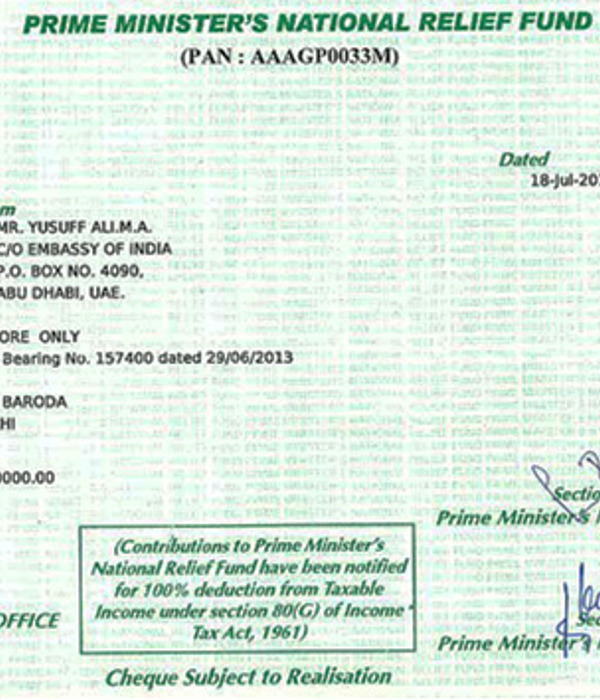 PM's Relief Fund confirms the receipt of Yusuff Ali's Rs. 10 million donation